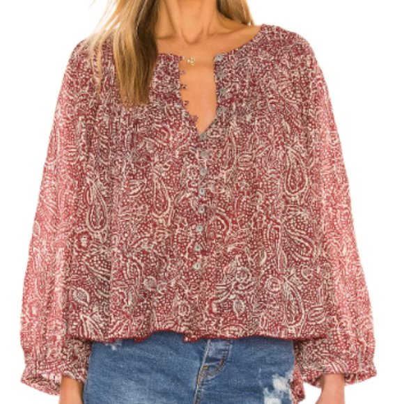We The Free People Cool Meadow Printed Blouse Top Red Floral‎ Paisley Size Small - Picture 1 of 15